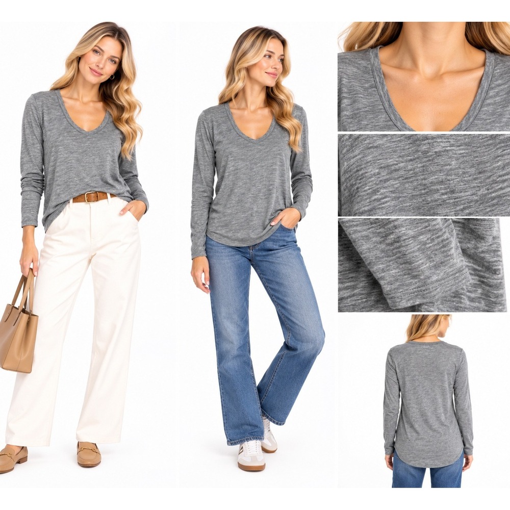 Splendid S Gray Supima Cotton Modal Long Sleeve Scoop Neck Made USA Luxury Basic